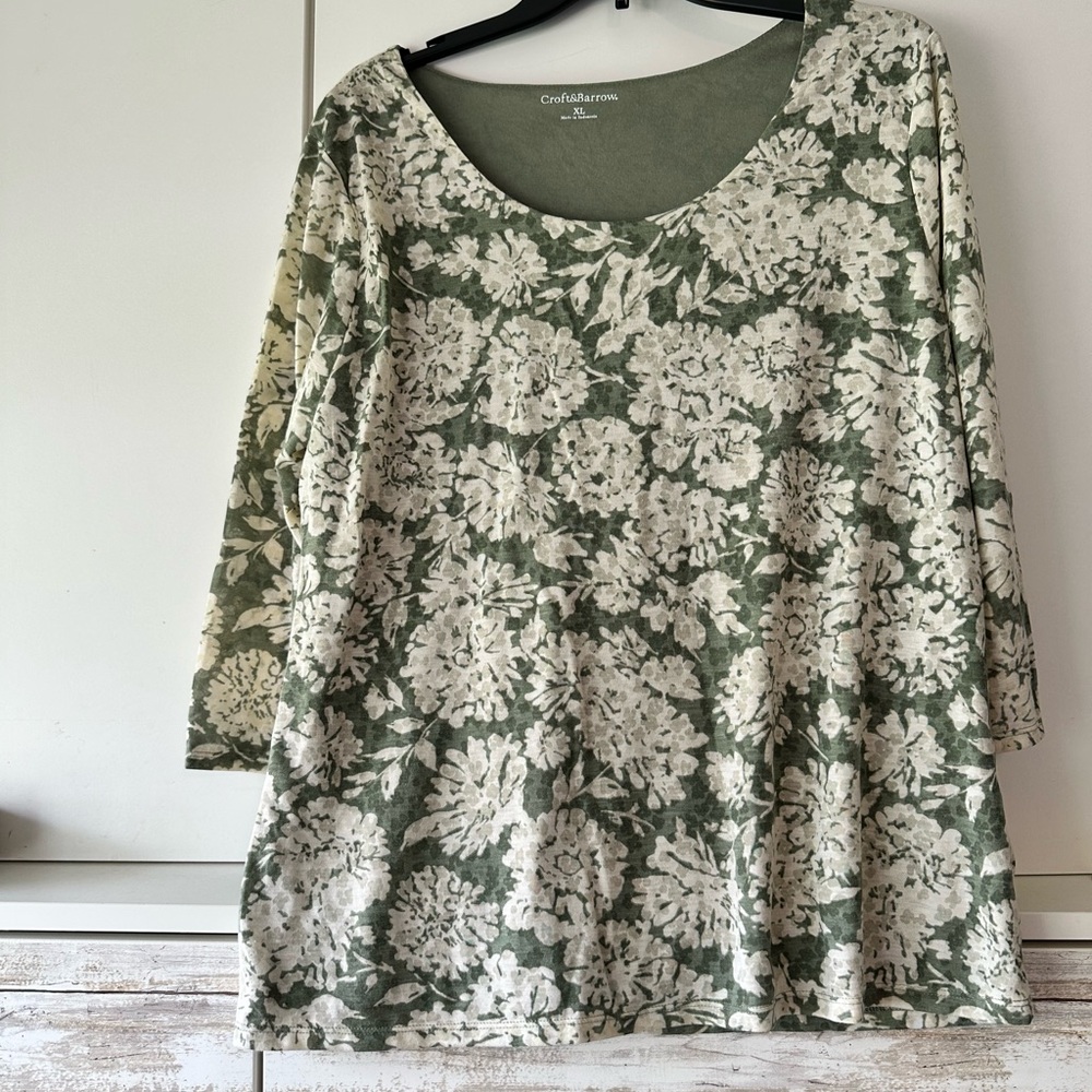 🌿 Croft & Barrow XL Floral Tunic Top Green Ivory 3/4 Sleeve Blouse